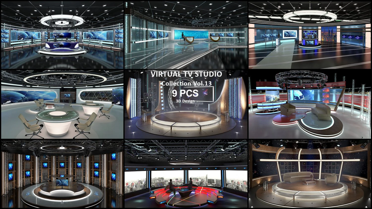 Virtual TV Studio Sets - Collection Vol 13 - 9 PCS DESIGN 3D Model .c4d .max .obj .3ds .fbx .stl .blend 