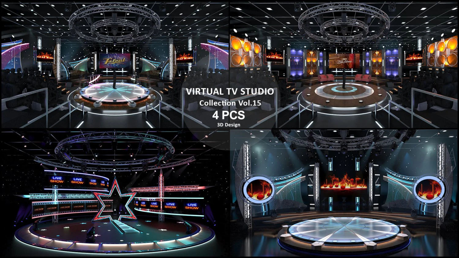 Virtual TV Studio Sets - Collection Vol 15 - 4 PCS DESIGN 3D Model .c4d .max .obj .3ds .fbx .stl .blend 