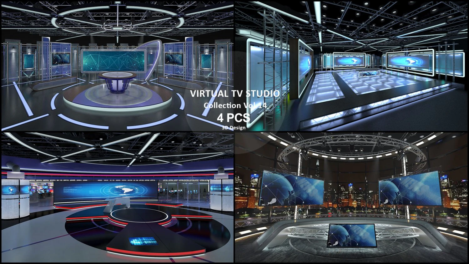 Virtual TV Studio Sets - Collection Vol 14 - 4 PCS DESIGN 3D Model .c4d .max .obj .3ds .fbx .stl .blend 