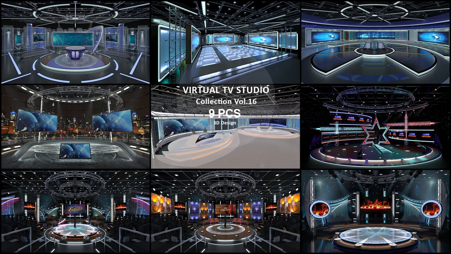 Virtual TV Studio Sets - Collection Vol 16 - 9 PCS DESIGN 3D Model .c4d .max .obj .3ds .fbx .stl .blend 