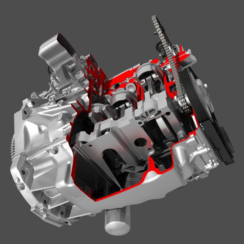 Engine dynamics. Four-cylinder engine cutaway.