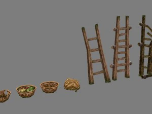 game model - ladder fire barrel bottle box basket 3D Model