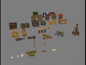 game model arena - fire wood cask bottle box baske 3D Model