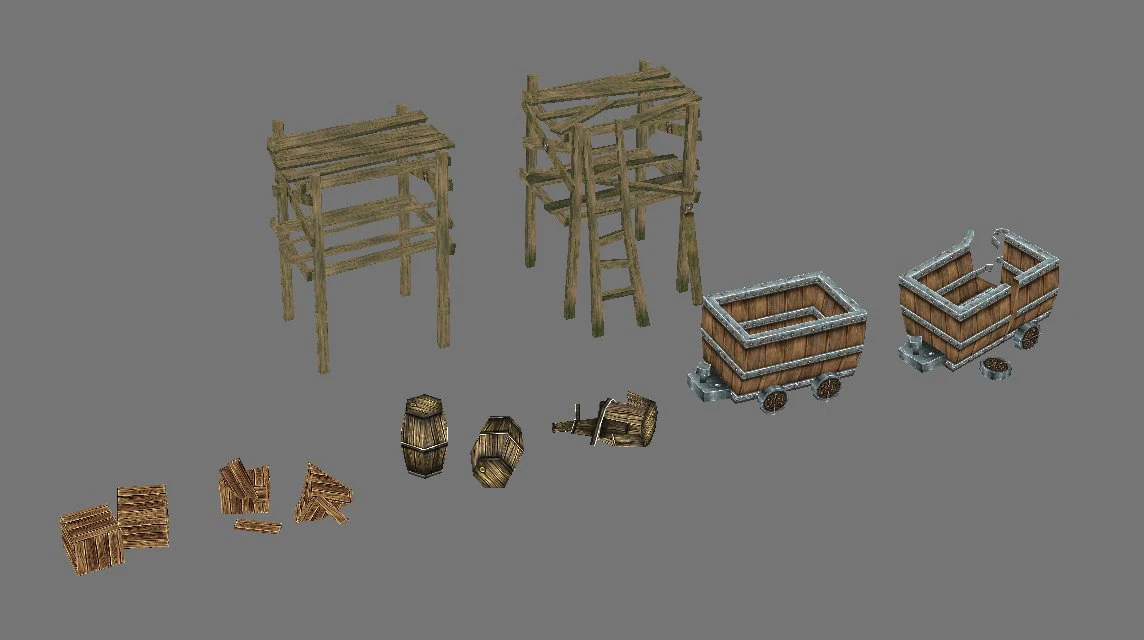 game model arena - wooden casks wooden cart wooden 3D Model .c4d .max .obj .3ds .fbx .stl .blend 