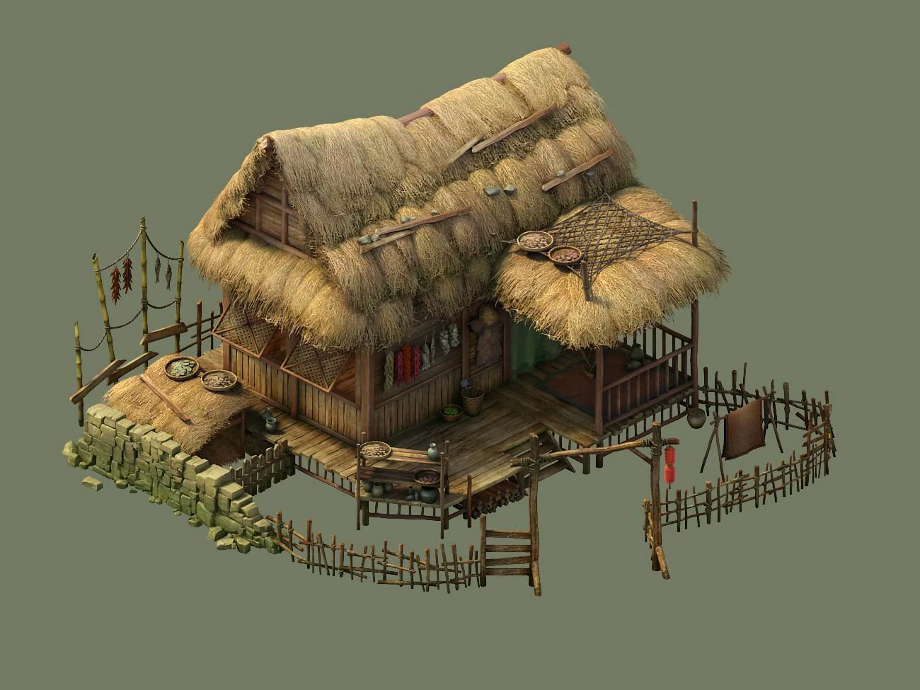 game model - prairie scene - grass house 01 3D Model .c4d .max .obj .3ds .fbx .stl .blend 