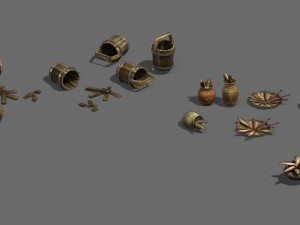 seaside fishing tools - animal bones - casks - fis Model 3D