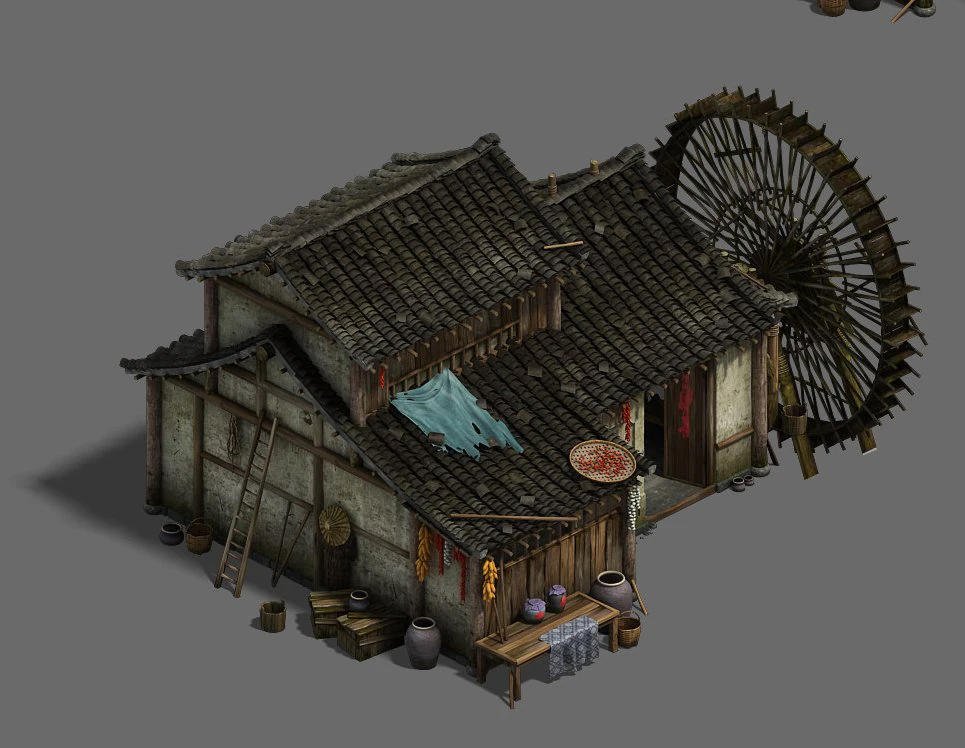 ordinary town - medium - sized houses - waterwheel 3D Model .c4d .max .obj .3ds .fbx .stl .blend 