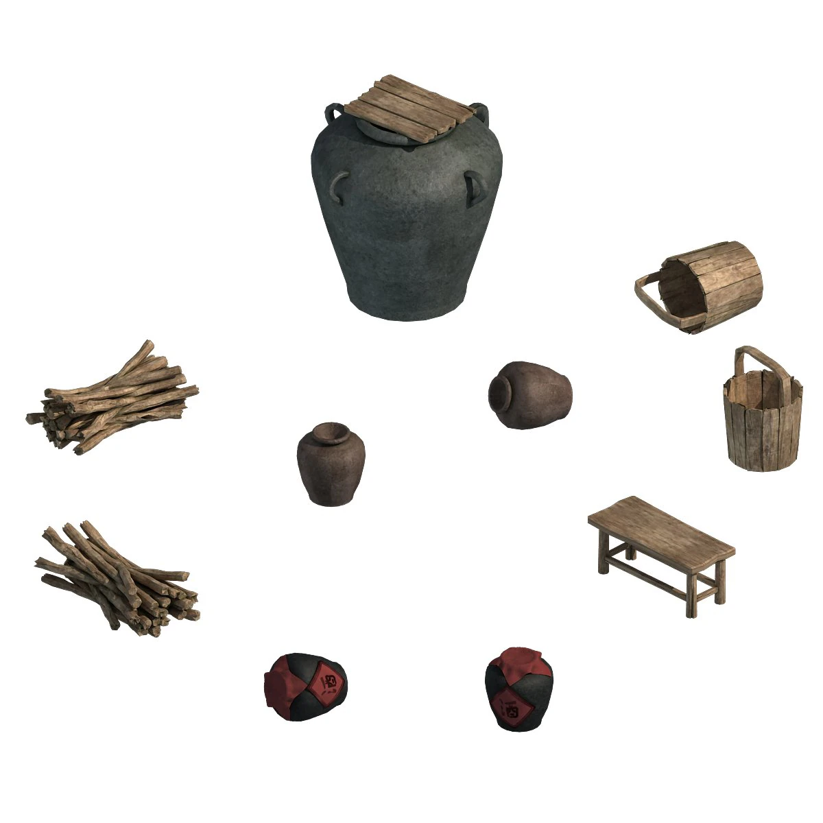 water tank - wine altar - firewood - bucket 3D Model .c4d .max .obj .3ds .fbx .stl .blend 