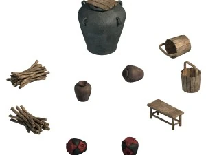 резервуар для води - винний вівтар - дрова - відро 3D Модель