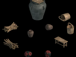 water tank - wine altar - firewood - bucket 3D Model