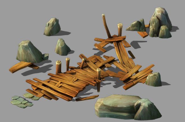 broken - wooden bridge - stone 08 3D Model .c4d .max .obj .3ds .fbx .stl .blend 