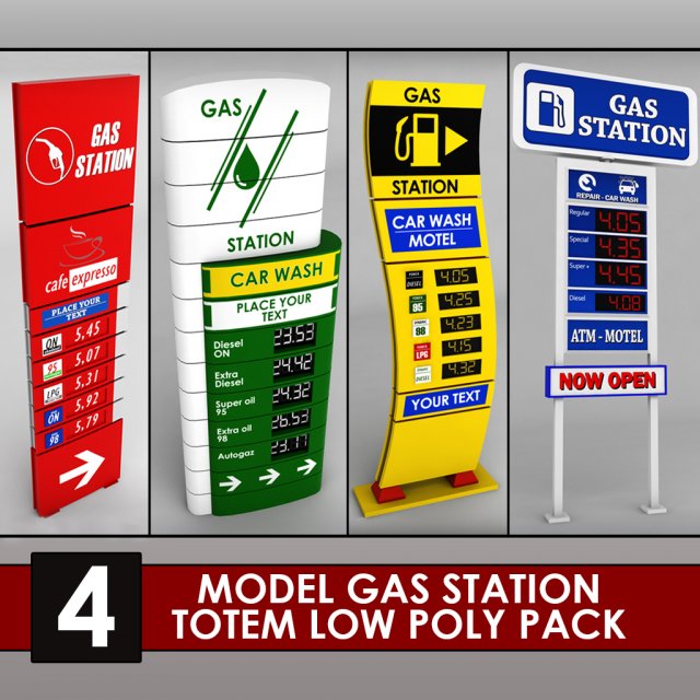 gas station price sign totem low poly pack Model 3D .c4d .max .obj .3ds .fbx .stl .blend 