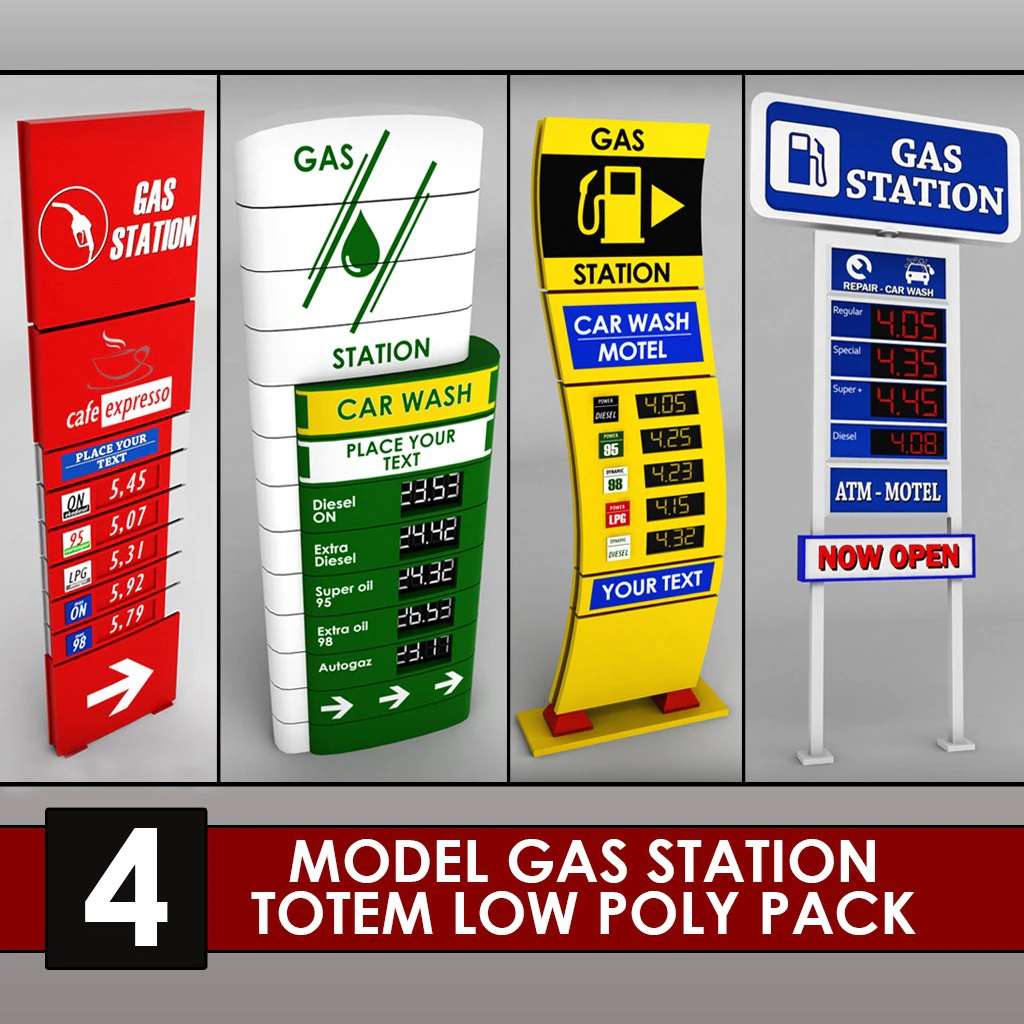 gas station price sign totem low poly pack 3D Model .c4d .max .obj .3ds .fbx .stl .blend 