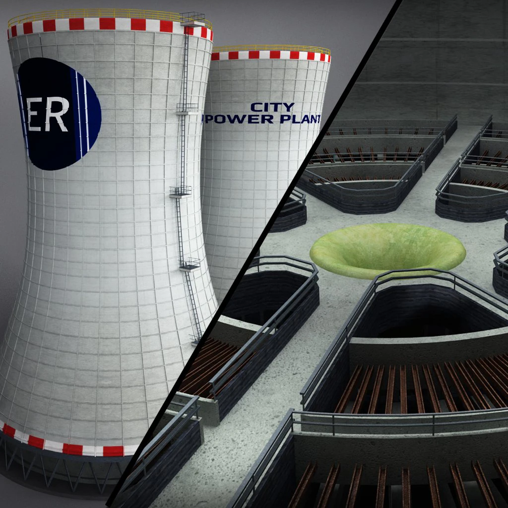 cooling tower power plant with interior 3D Model .c4d .max .obj .3ds .fbx .stl .blend