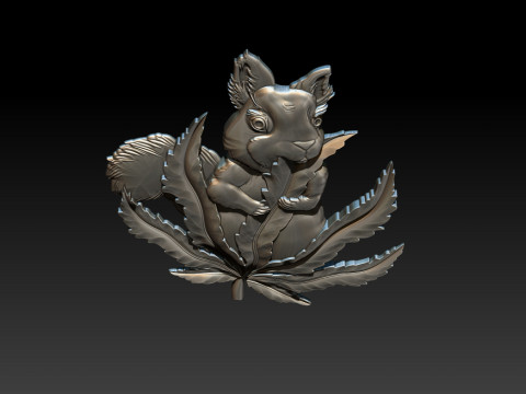 松鼠叶 3D 浅浮雕 STL OBJ ZTL CNC 雕刻 3D 打印模型