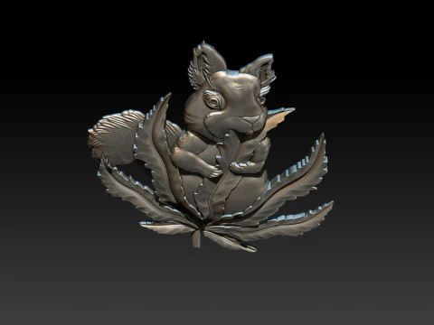 Squirrel Leaf 3D Bas-Relief STL OBJ ZTL CNC Carving 3D Print Model