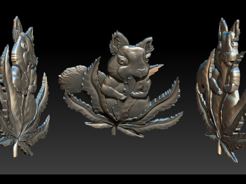 松鼠叶 3D 浅浮雕 STL OBJ ZTL CNC 雕刻 3D 打印模型