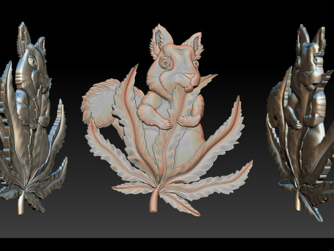 松鼠叶 3D 浅浮雕 STL OBJ ZTL CNC 雕刻 3D 打印模型