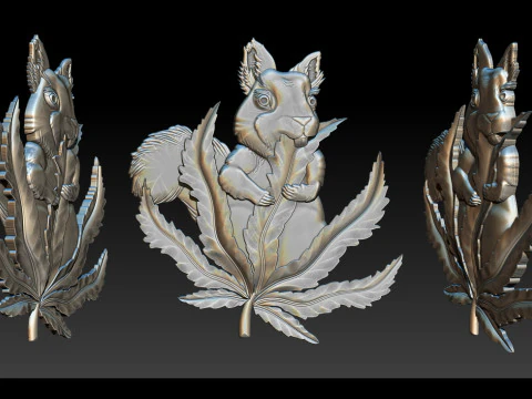 Squirrel Leaf 3D Bas-Relief STL OBJ ZTL CNC Carving 3D Print Model