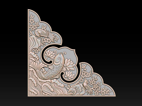 Oriental Koi Fish Corner Relief 3D Print Model