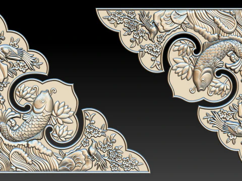 Oriental Koi Fish Corner Relief 3D Print Model