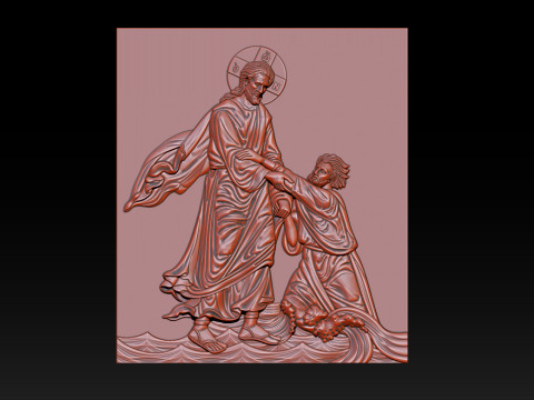 Religi&ouml;ses 3D-Relief: Jesus rettet Petrus auf dem Wasser 3D Druckmodell