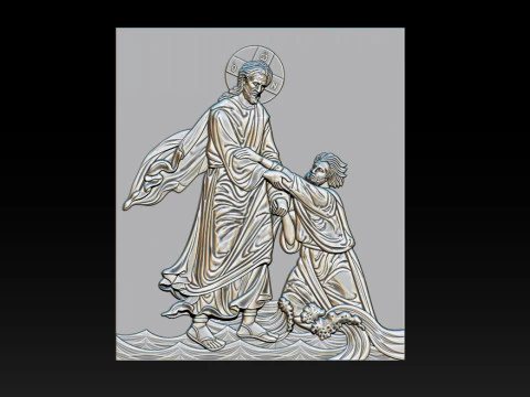 3D Religious Relief Jesus Rescuing Peter on the Water 3D Print Model