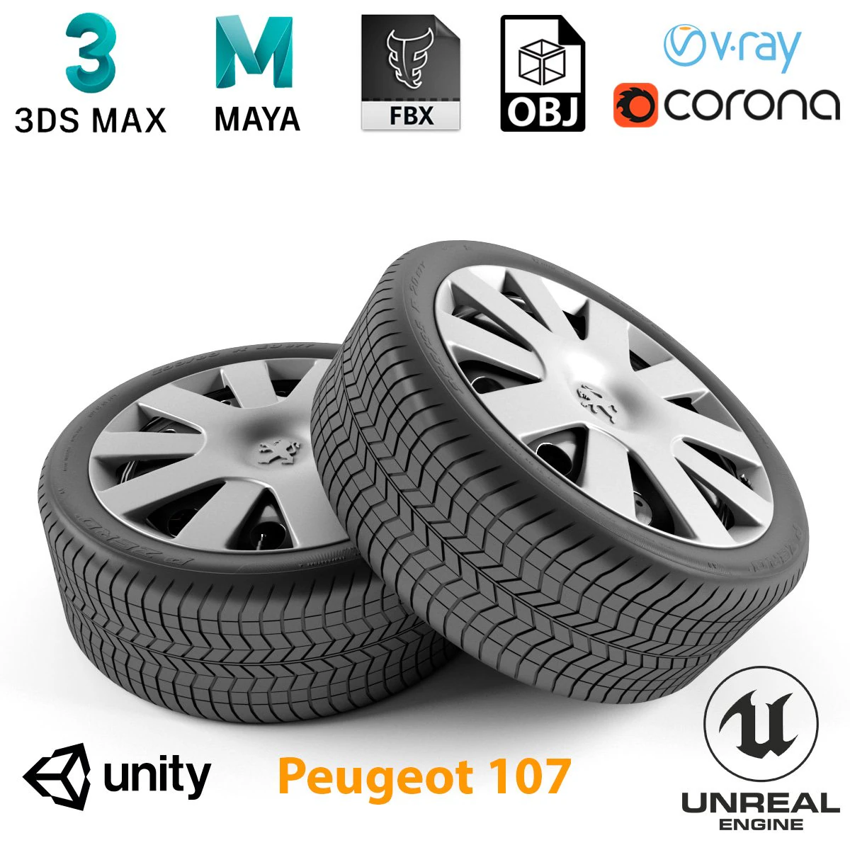 peugeot 107 wheel 3D Model .c4d .max .obj .3ds .fbx .stl .blend 
