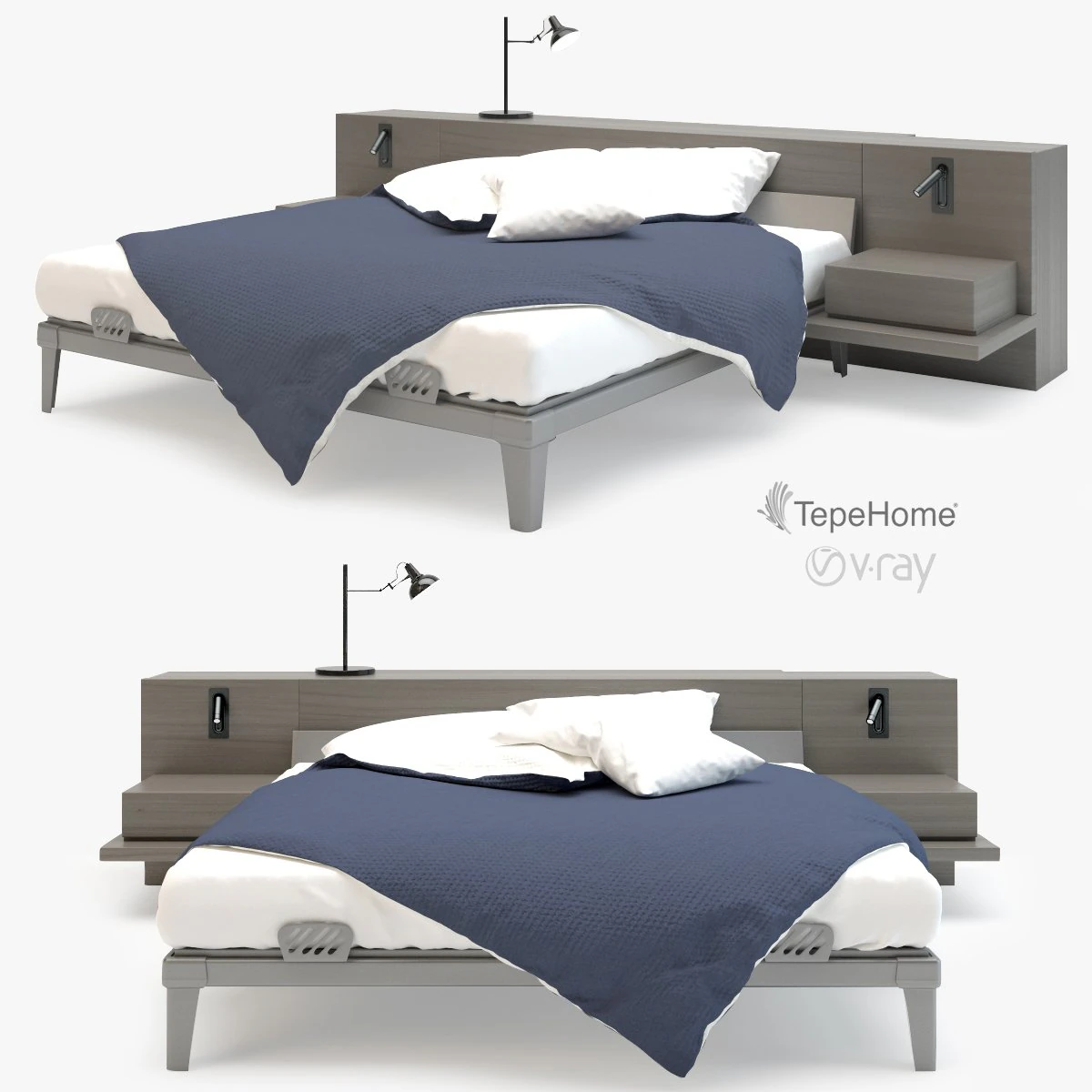 modern grey wood bed 3D Model .c4d .max .obj .3ds .fbx .stl .blend 