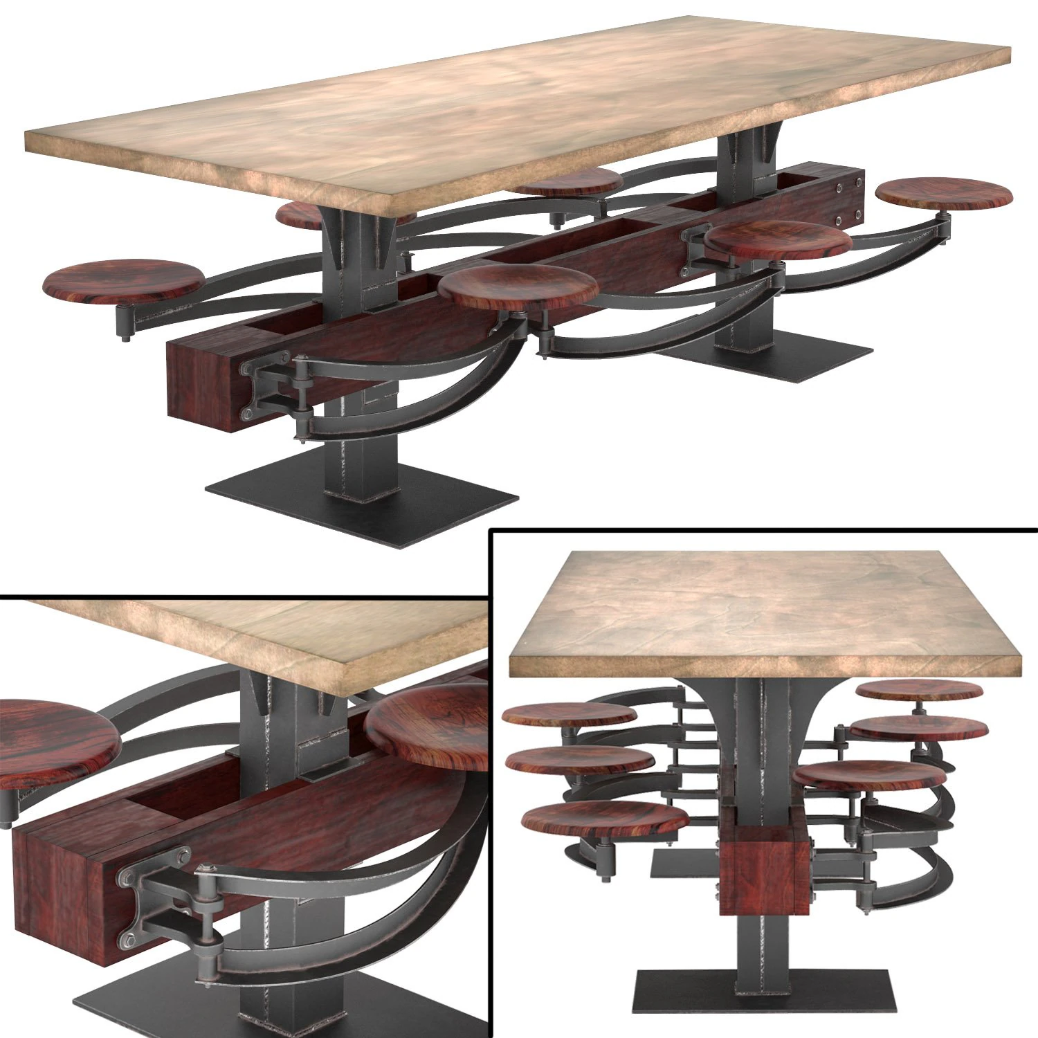 perrin communal table with attached seating 3D Model .c4d .max .obj .3ds .fbx .stl .blend