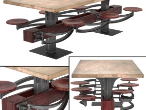 perrin communal table with attached seating 3D Model