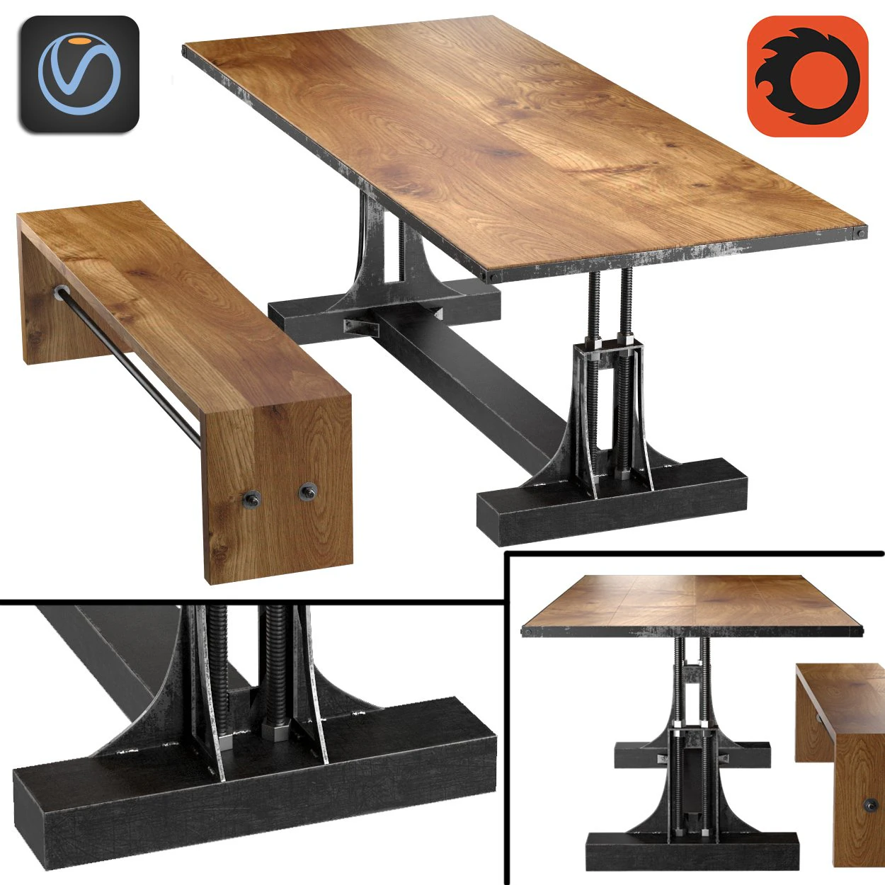 post industrial table and bench 3D Model .c4d .max .obj .3ds .fbx .stl .blend 