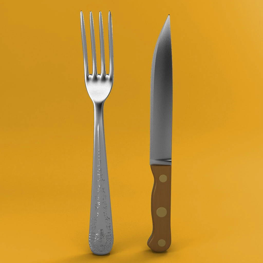 fork and wood handle knife 001 3D Model .c4d .max .obj .3ds .fbx .stl .blend 