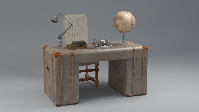 old desk 19 century with extra object low-poly 3D Model .c4d .max .obj .3ds .fbx .stl .blend 