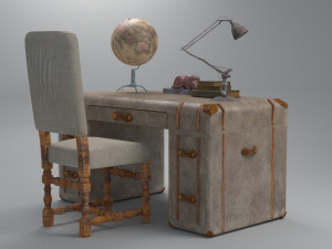 old desk 19 century with extra object low-poly 3D Model