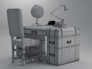 old desk 19 century with extra object low-poly 3D Model