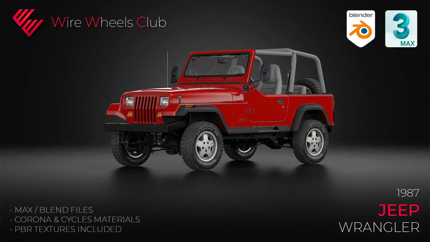 1987 Jeep Wrangler 3D Model .c4d .max .obj .3ds .fbx .stl .blend 