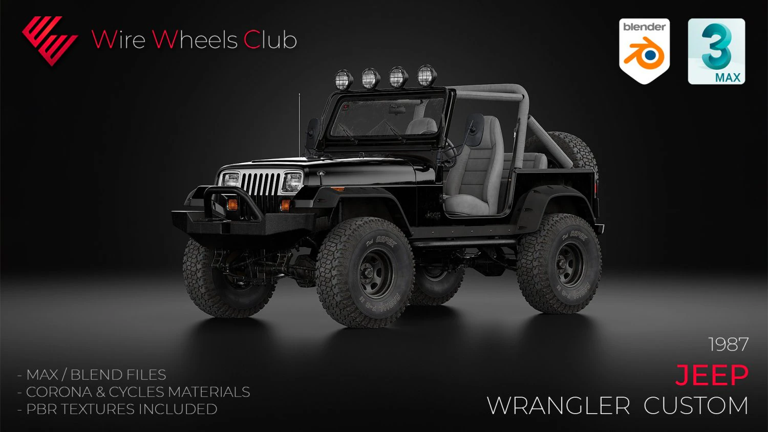 1987 Jeep Wrangler custom 3D Model .c4d .max .obj .3ds .fbx .stl .blend