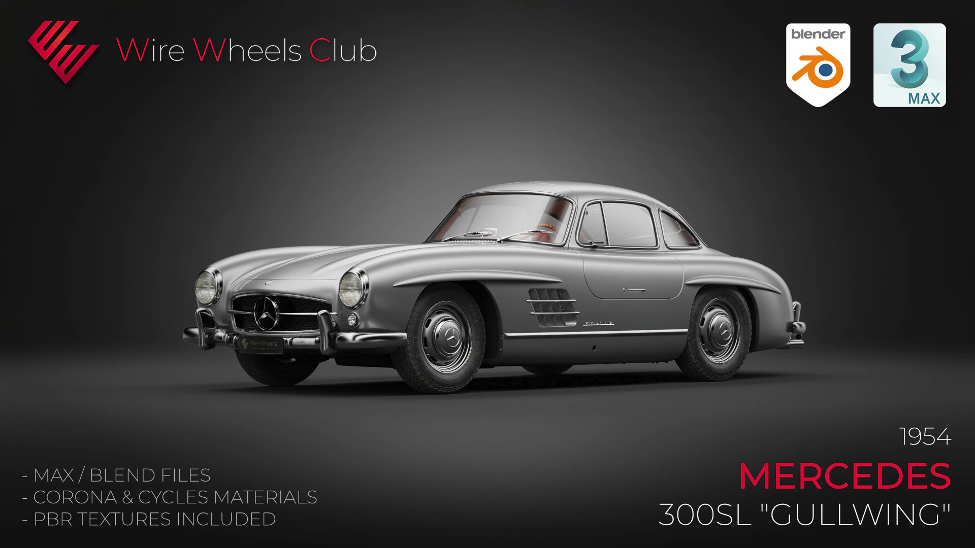 1954 Mercedes 300SL Gullwing 3D Model .c4d .max .obj .3ds .fbx .stl .blend