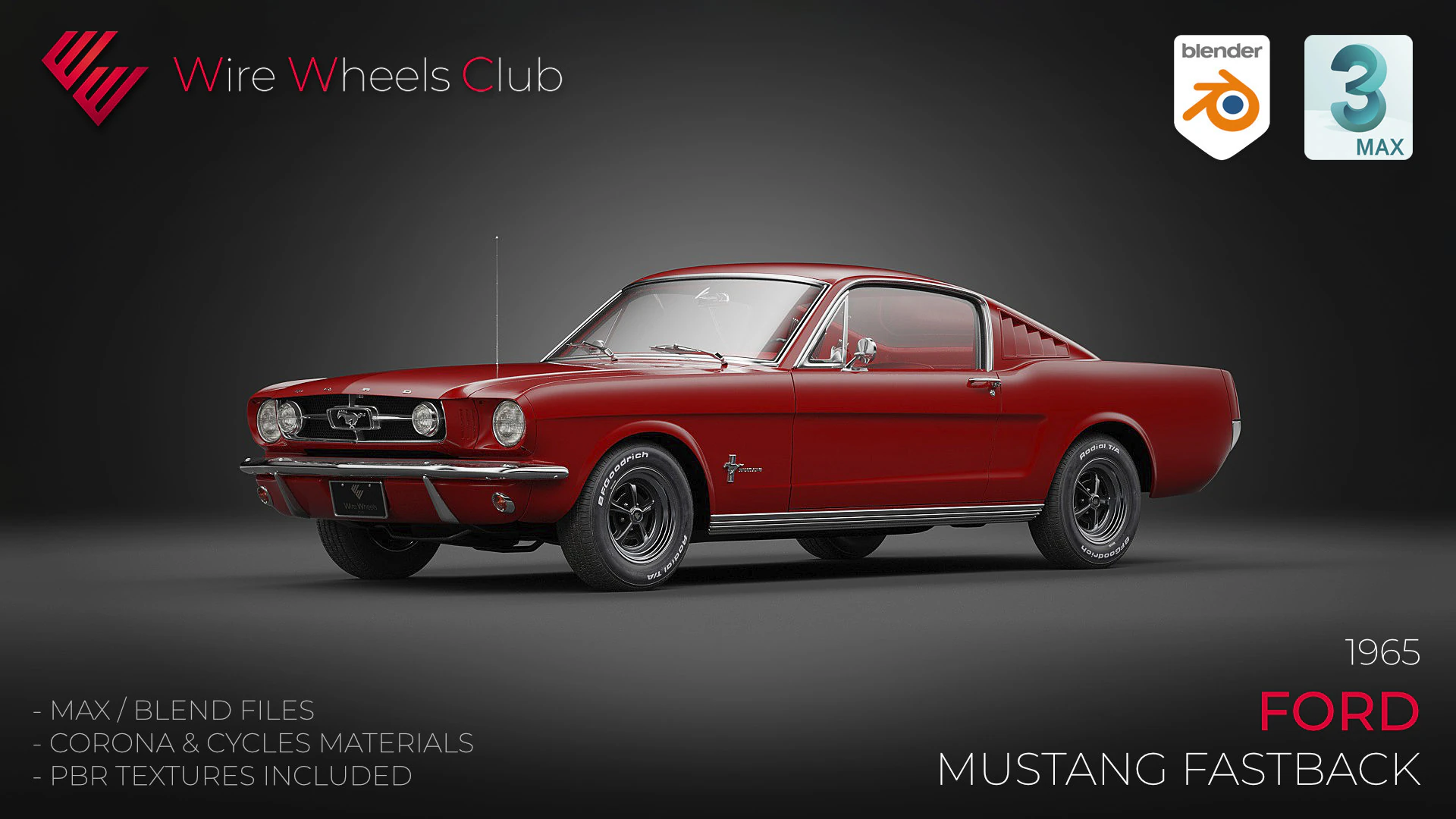 1965 Mustang Fastback 3D Model .c4d .max .obj .3ds .fbx .stl .blend 
