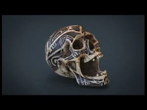 human head skull with ancient tribal tattoo 3D Model