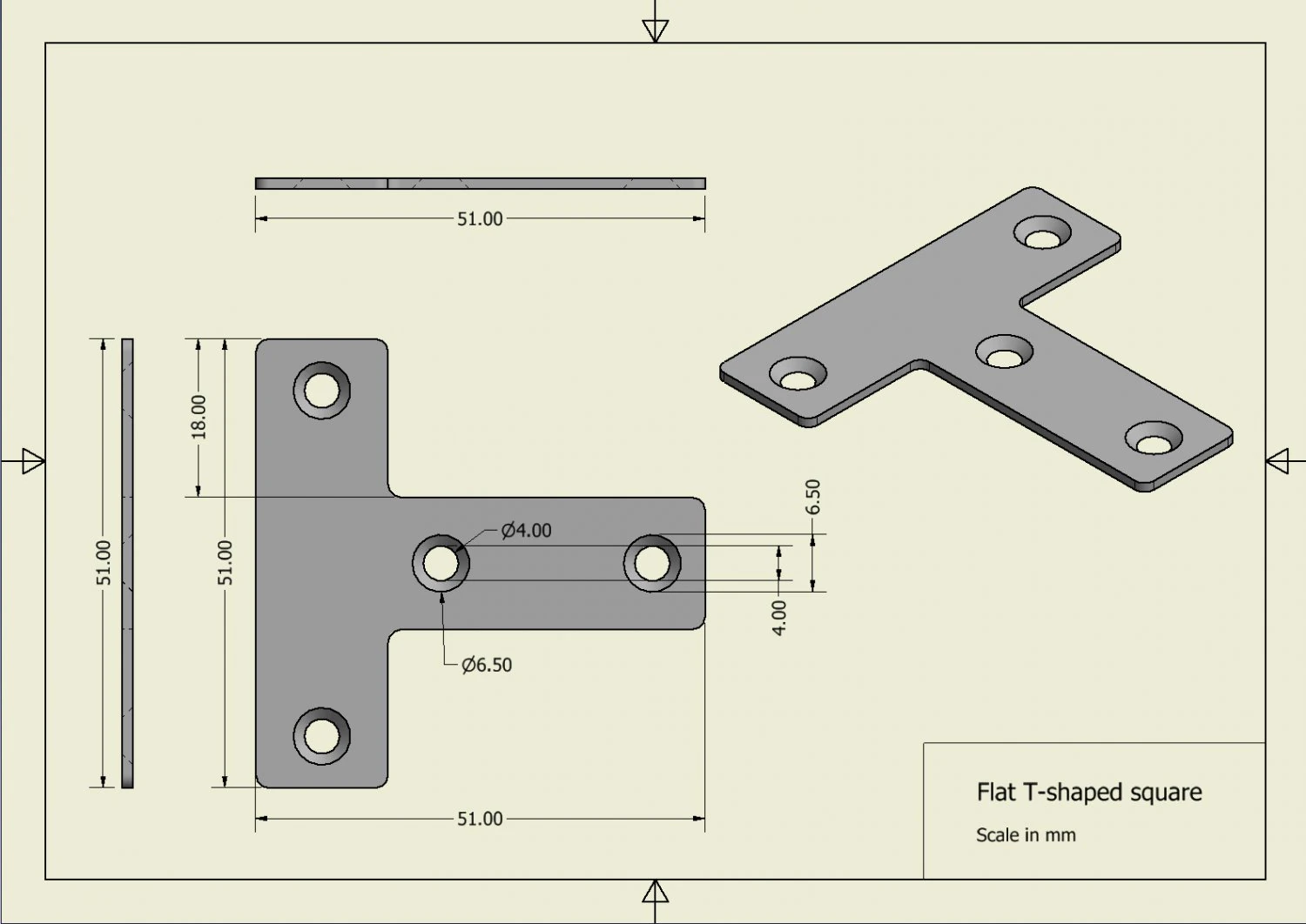 Flat T-shaped square 3D Print Model .c4d .max .obj .3ds .fbx .stl .blend