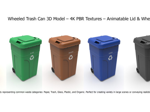 Wheeled Trash Can 4K PBR Textures Animatable Lid Wheels Modelo 3D