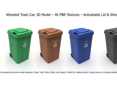 Wheeled Trash Can 4K PBR Textures Animatable Lid Wheels 3D Model