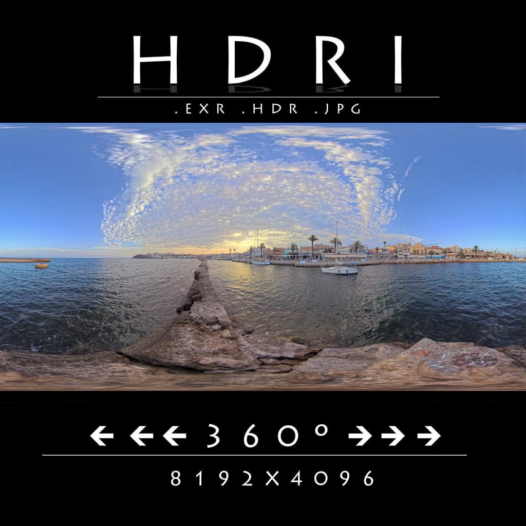 Средиземноморская пристань, закат 360 HDRI, небо и приморская деревня CG Текстуры .c4d .max .obj .3ds .fbx .stl .blend 