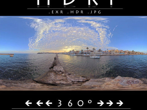 Mediterranean Marina Sunset 360 HDRI Sky and Seaside Village Texturas CG