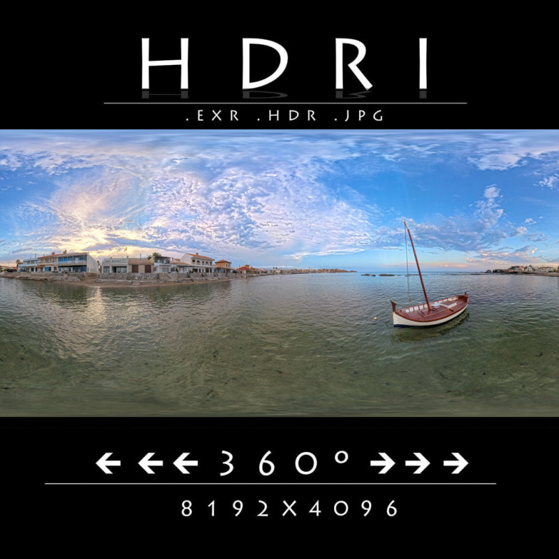 Traditional Fishing Boat in Tranquil Coastal Village 360 HDRI 8192x4096 hdr exr 16-bit j Texturas CG .c4d .max .obj .3ds .fbx .stl .blend