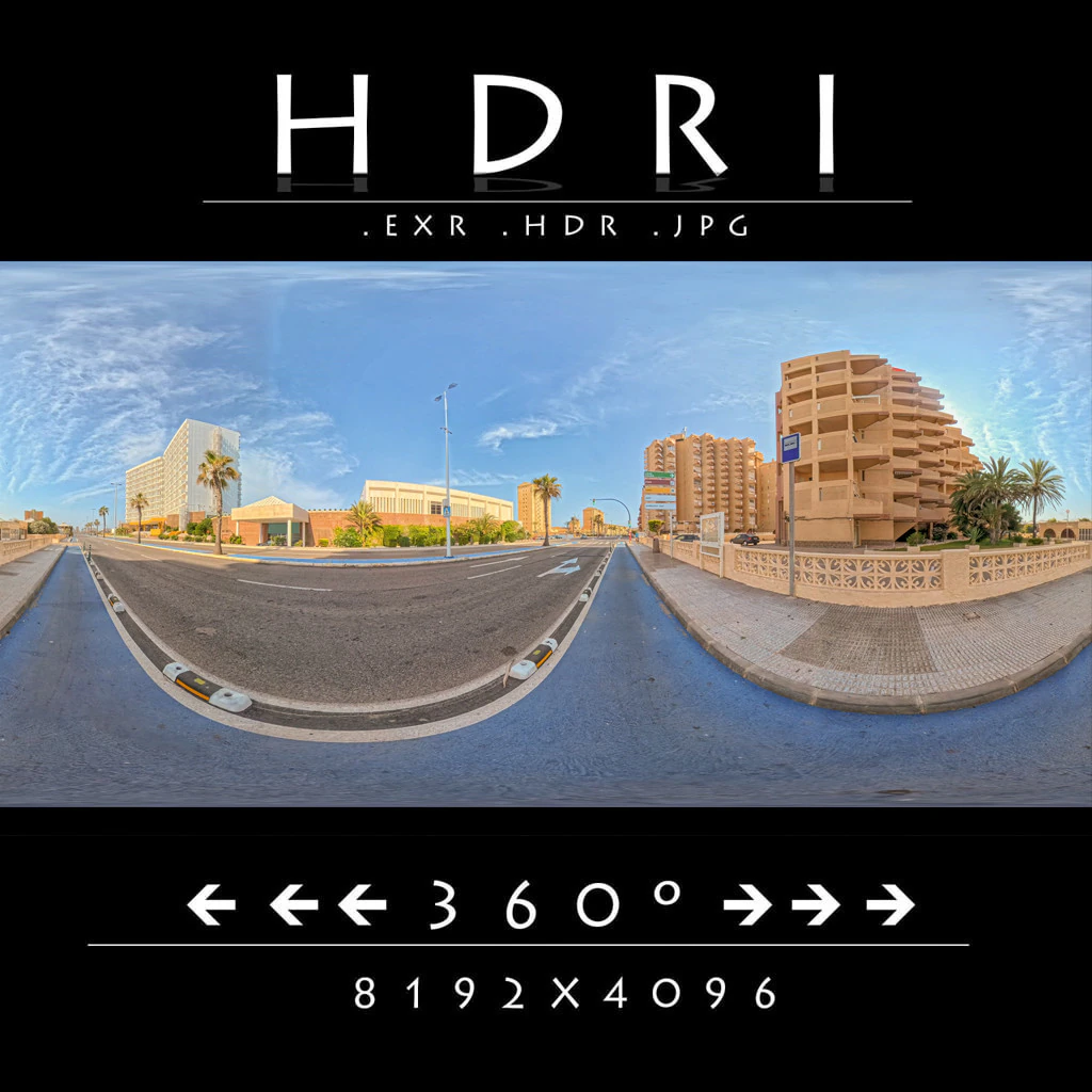 HDRI 8K Urban Street in Mediterranean City with Blue Sky Equirectangular 360 CG Textures .c4d .max .obj .3ds .fbx .stl .blend 