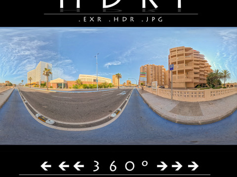 HDRI 8K Urban Street in Mediterranean City with Blue Sky Equirectangular 360 CG Textures