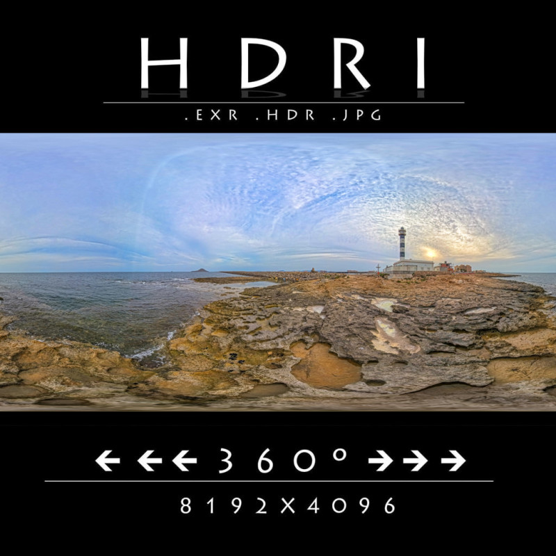 8K HDRI Lighthouse Sunset on Rocky Coast Photorealistic Environment Map CG टेक्स्चर्स .c4d .max .obj .3ds .fbx .stl .blend